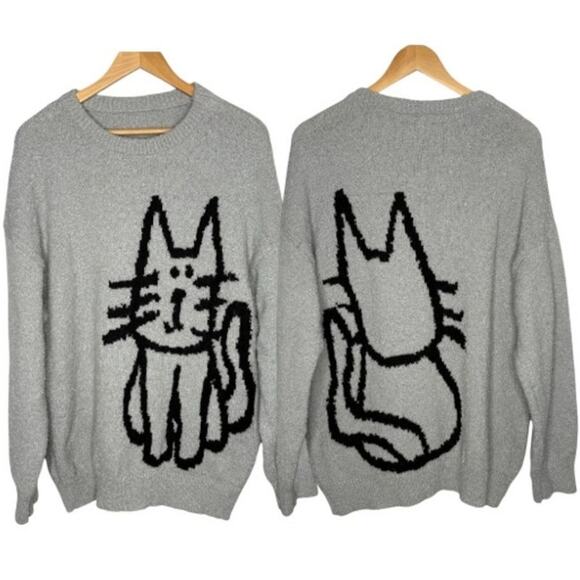 XL Aelfric Eden Oversized Grey Sweater Hand Drawn Cat Graphic Pullover Comfy - Picture 1 of 5
